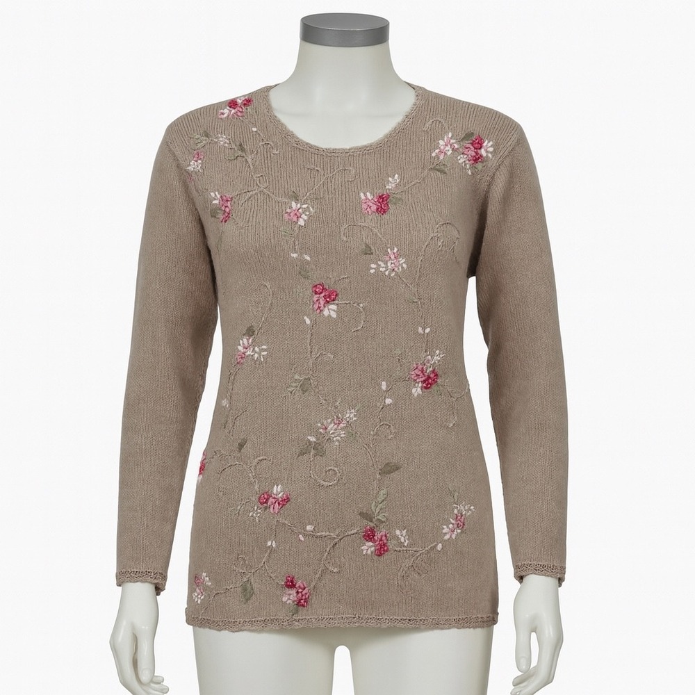 Shenanigans Floral Embroidered Sweater‎ L Beige Pink Flowers Boho Cottagecore
